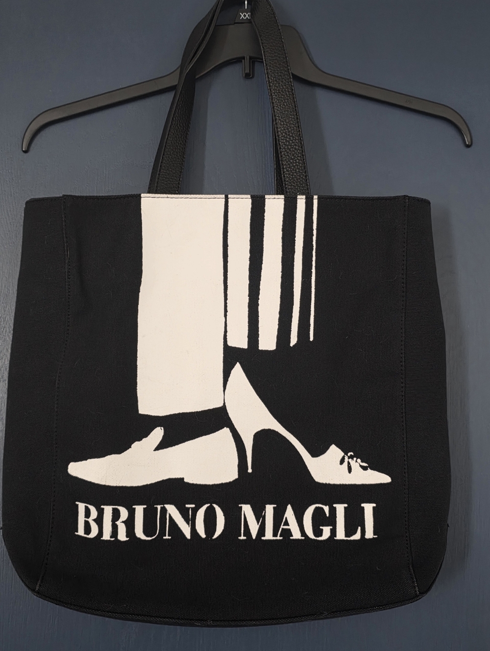 NWT Bruno Magli Black and White Graphic Canvas Tote With Leather Handles